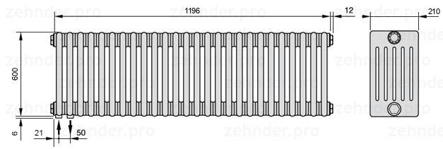 Схема (чертеж) Радиатор Zehnder Charleston 6060/26 №3370 Белый глянцевый RAL 9016
